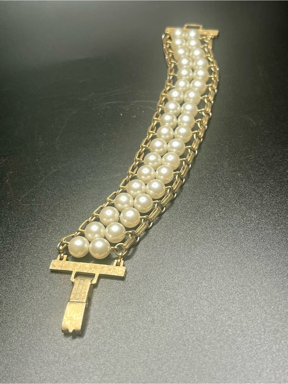Vintage Sarah Coventry faux pearl bracelet gold tone wide multi strand signed